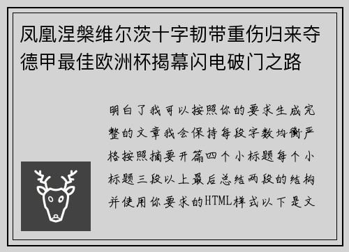 凤凰涅槃维尔茨十字韧带重伤归来夺德甲最佳欧洲杯揭幕闪电破门之路